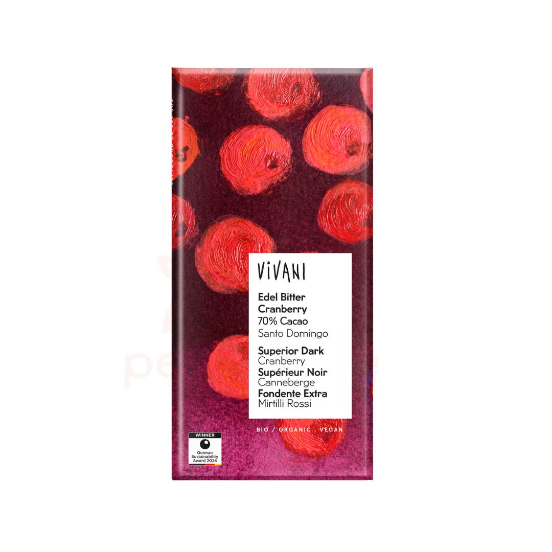 Chocolate Negro 70% com Arando Bio 80gr Vivani, tablete vegan de cacau biológico com pedaços de arando.