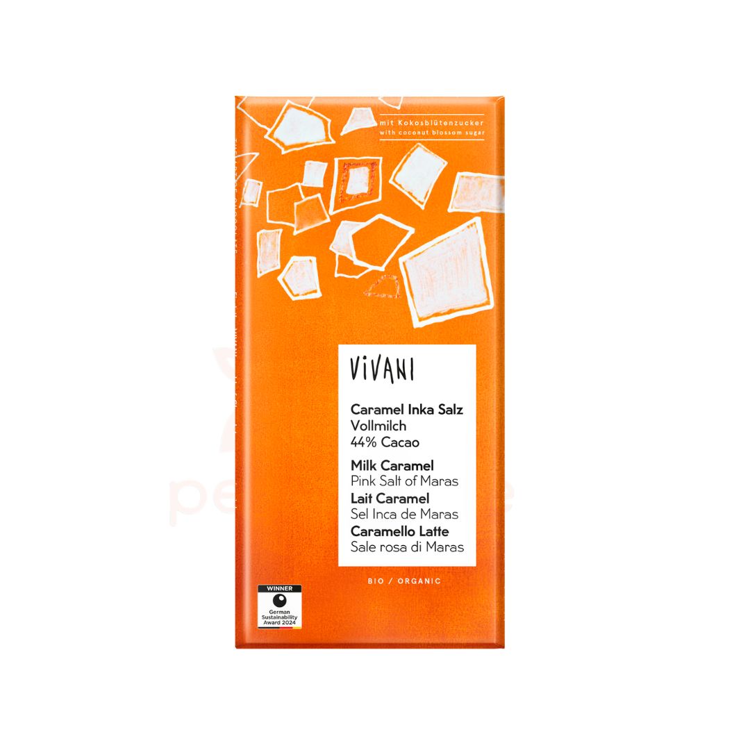 Chocolate de Leite com Caramelo e Sal Bio 80gr Vivani, tablete biológica com 44% de cacau, caramelo crocante e sal rosa.
