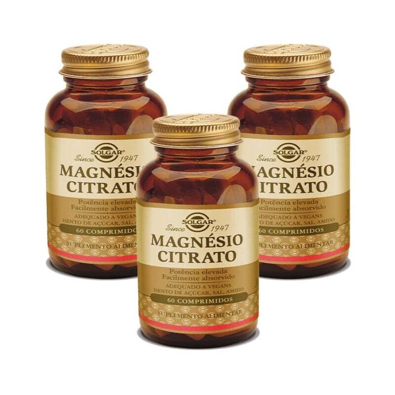 Citrato de Magnésio Pack 3 x 60 comprimidos Solgar suplemento mineral para músculos e sistema nervoso