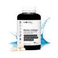 Frasco de 180 cápsulas de colágeno marino con ácido hialurónico, Q10 y vitamina C de la marca Hivital, un suplemento para mejorar la salud y el rejuvenecimiento de la piel y las articulaciones.