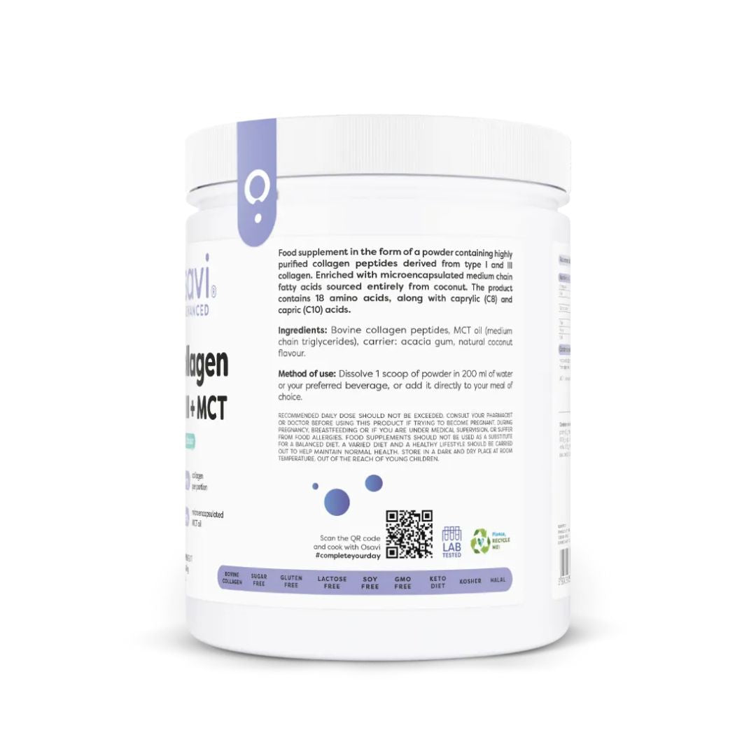 Collagen Tipo 1 e 3 com MCT 400gr Osavi, suplemento alimentar em pó com colagénio e triglicéridos de cadeia média.
