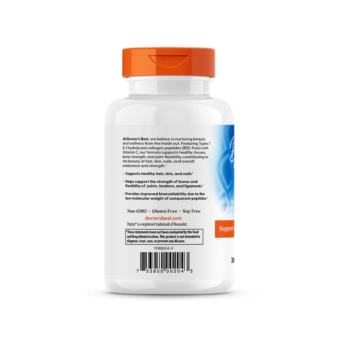 Suplemento Collagen Types 1 and 3 with Vitamin C and Peptan 3000mg Doctor's Best em frasco com 180 comprimidos.