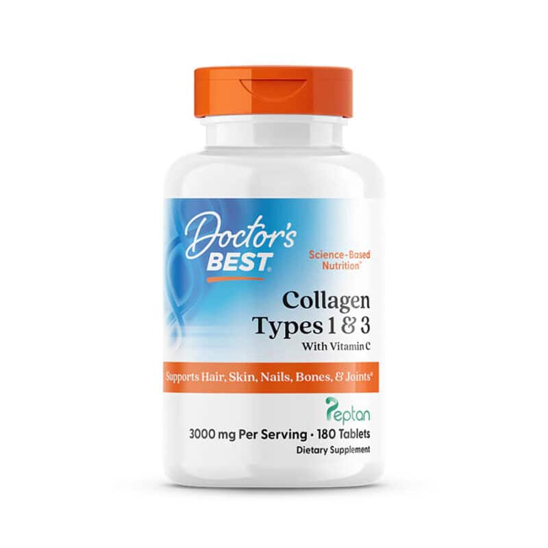 Suplemento Collagen Types 1 and 3 with Vitamin C and Peptan 3000mg Doctor's Best em frasco com 180 comprimidos.