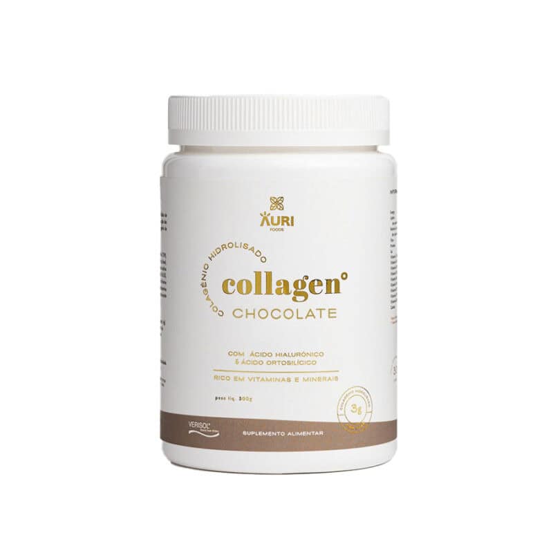 Collagen Verisol Chocolate 300gr Auri Foods em embalagem de suplemento alimentar em pó.