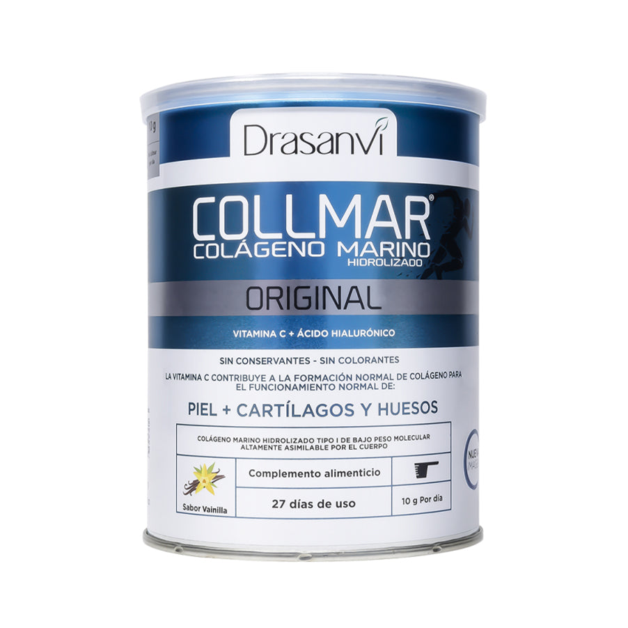 Collmar Original Baunilha 275 g Drasanvi é um suplemento alimentar em pó à base de colagénio marinho hidrolisado, vitamina C e ácido hialurónico, com aroma de baunilha.