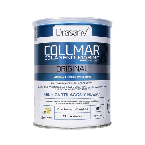 Collmar Original Baunilha 275 g Drasanvi é um suplemento alimentar em pó à base de colagénio marinho hidrolisado, vitamina C e ácido hialurónico, com aroma de baunilha.