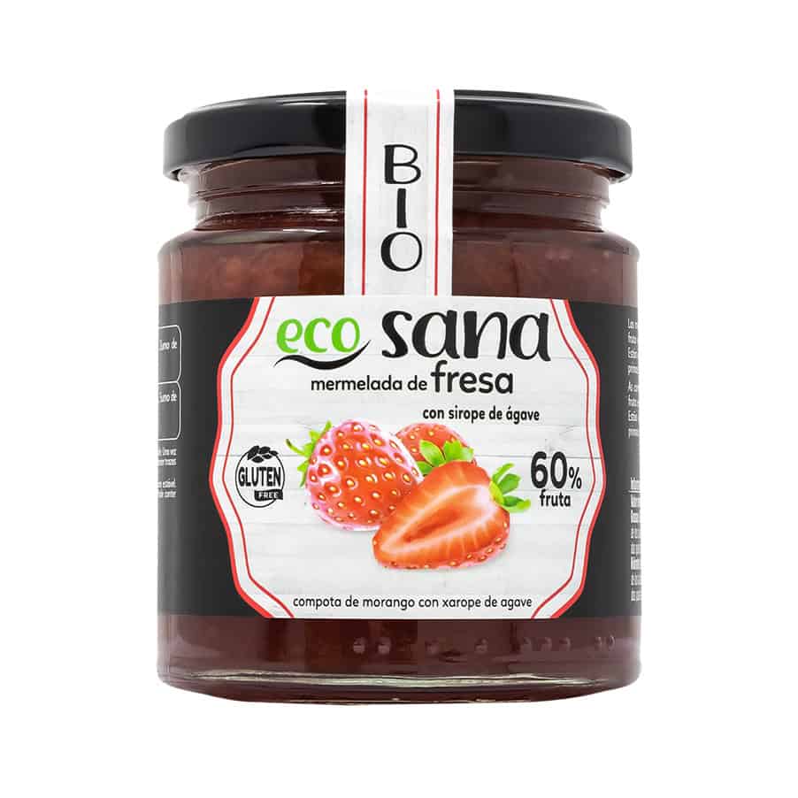 Mermelada de fresa orgánica extra Ecosana de 255 g en frasco de vidrio con fresas orgánicas.