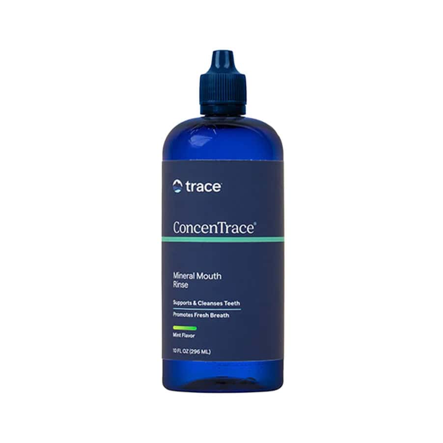 El enjuague bucal Trace Minerals Concentra con sabor a menta de 296 ml es un enjuague bucal a base de minerales con sabor a menta que viene en una botella.