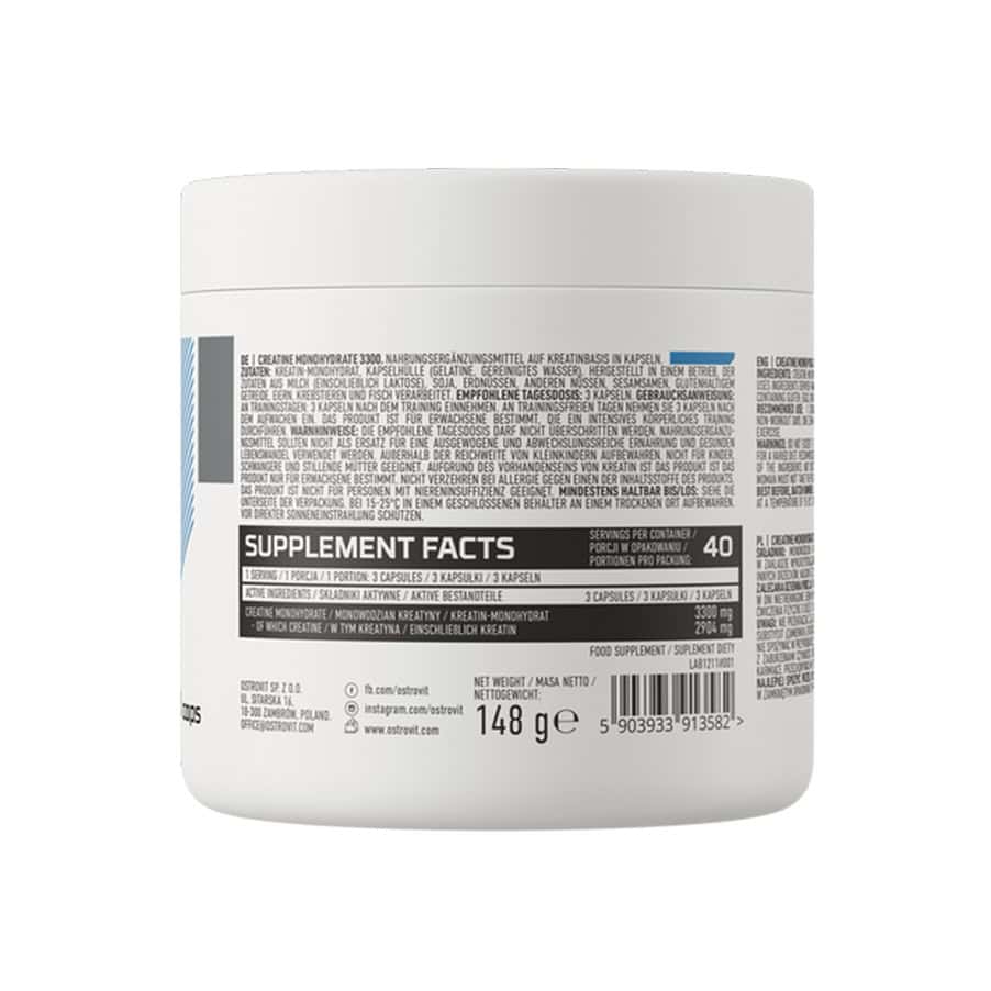 Suplemento Creatine Monohydrate 3300mg OstroVit em embalagem com 120 cápsulas de creatina monohidratada.