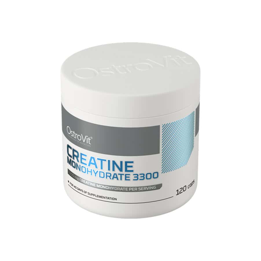 Suplemento Creatine Monohydrate 3300mg OstroVit em embalagem com 120 cápsulas de creatina monohidratada.