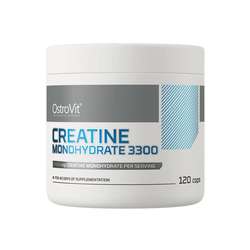 Suplemento Creatine Monohydrate 3300mg OstroVit em embalagem com 120 cápsulas de creatina monohidratada.