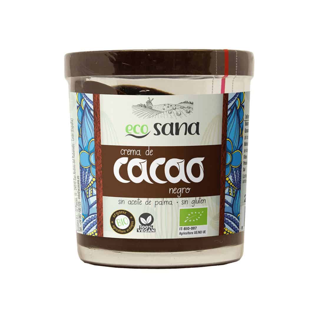 Crema de cacao negro orgánico Ecosana en un frasco de 200 gramos, con una textura cremosa y un intenso sabor a cacao.
