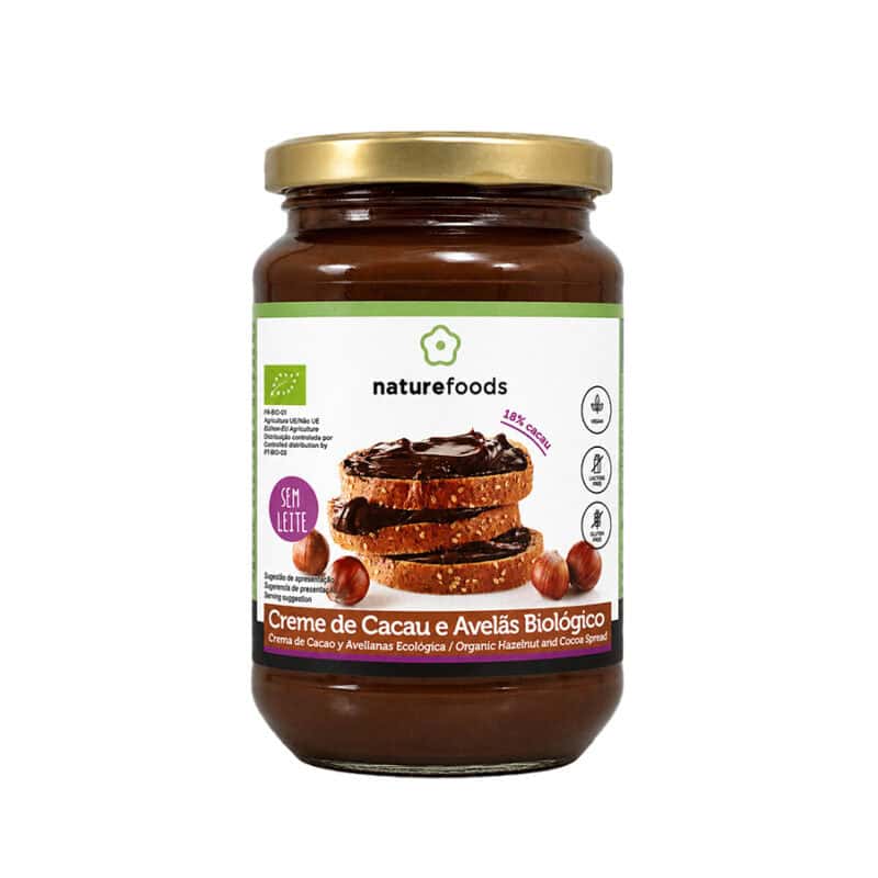 Creme de Cacau e Avelã Intenso Bio 300gr Naturefoods, creme biológico para barrar com sabor intenso a cacau e avelã.