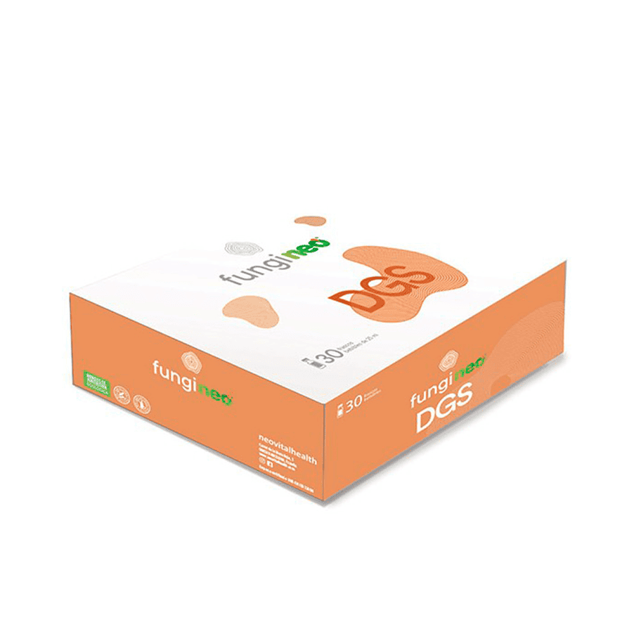 Embalagem do Fungi Neo DGS 25ml x 30 monodoses da NeoVital Health, suplemento líquido com cogumelos medicinais para suporte digestivo e equilíbrio intestinal.