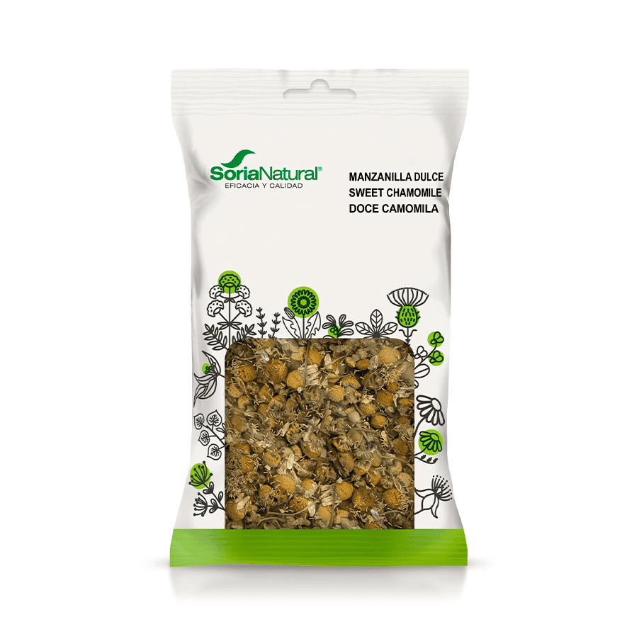 "Envase para la infusión de manzanilla dulce de 50 g de Soria Natural, una hierba natural para la relajación y el bienestar digestivo."