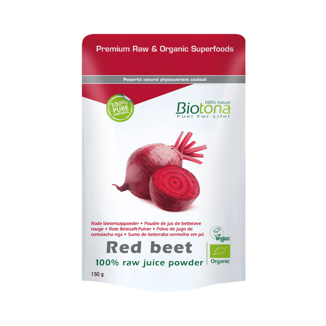 Biotona, bolsa de 150 g de polvo de jugo de remolacha roja 100% crudo, un suplemento energizante natural.