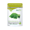 Envase para el Supergreens 100% Raw Organic Powder de Biotona, 150 g, un superalimento en polvo con una mezcla de vegetales y algas.