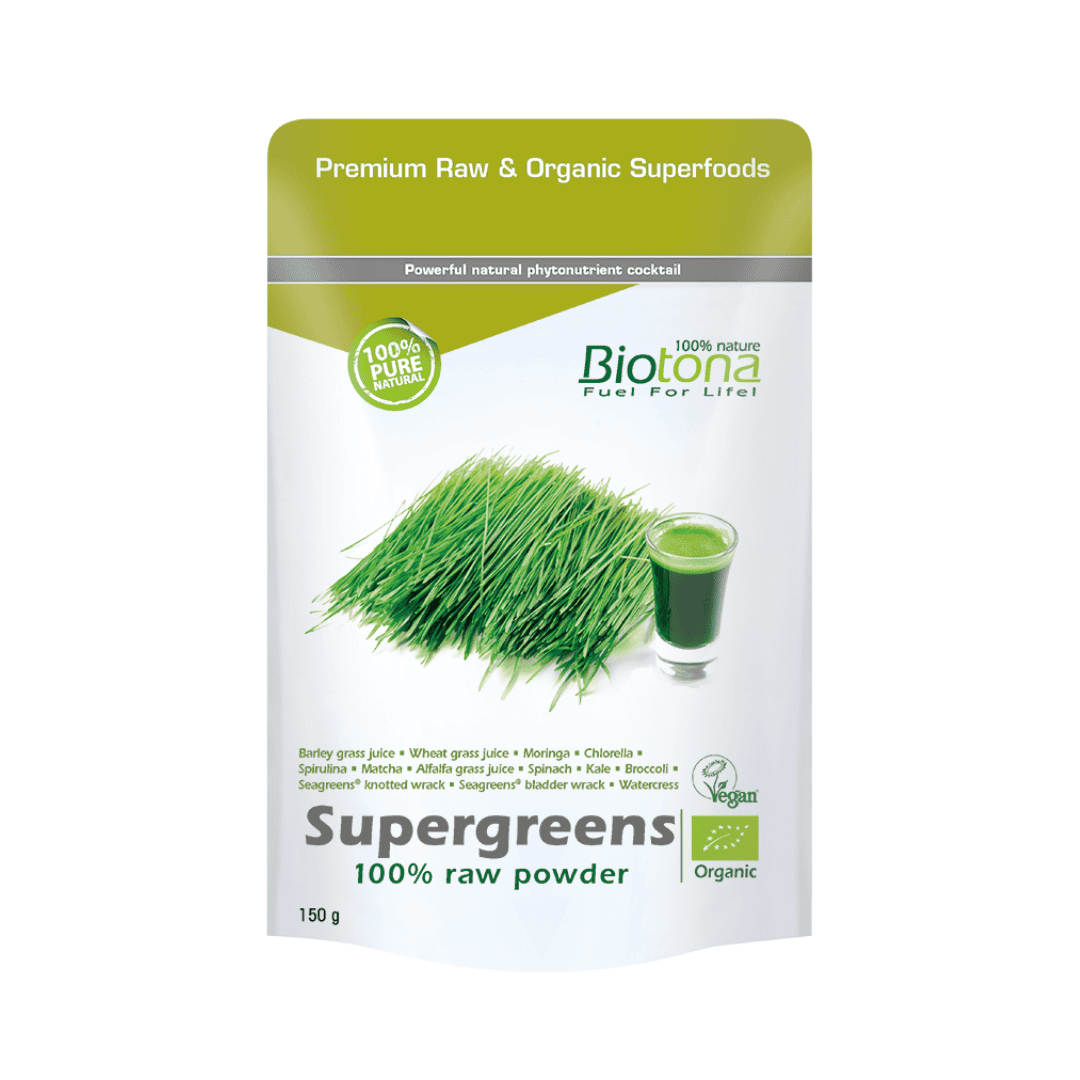Envase para el Supergreens 100% Raw Organic Powder de Biotona, 150 g, un superalimento en polvo con una mezcla de vegetales y algas.