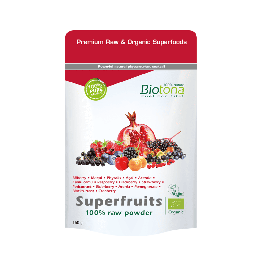 Envase para el polvo 100% crudo de superfrutas de Biotona, 150 g, una mezcla de polvos de superfrutas orgánicas.