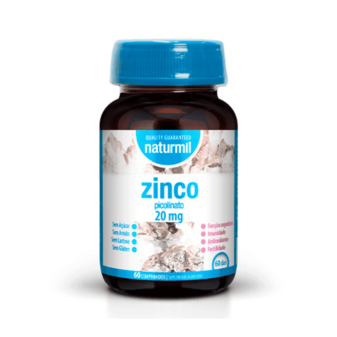 Frasco de suplemento Naturmil com 60 comprimidos de picolinato de zinco 20mg, indicado para reforçar o sistema imunitário e manter a saúde da pele.