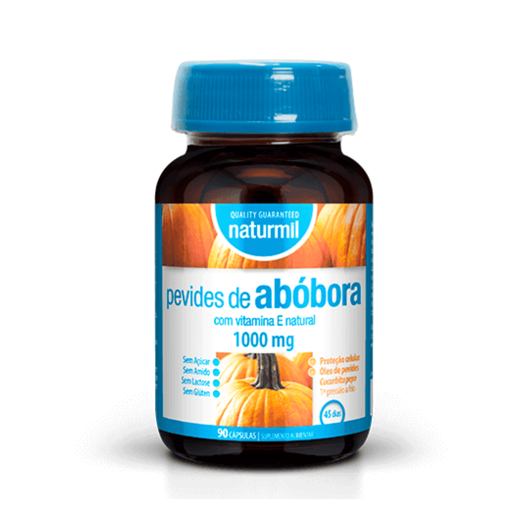 Frasco de suplemento Naturmil con 90 cápsulas de 1000 mg de semillas de calabaza, indicado para la salud de la próstata y la función urinaria masculina.