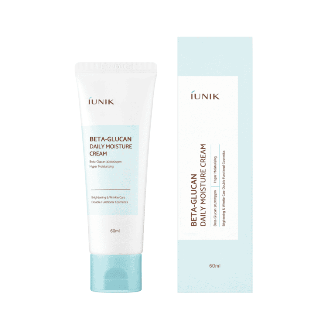 Embalagem do Creme Hidratante Diário Beta-Glucan 60ml da iUNIK, creme nutritivo e calmante para todos os tipos de pele.