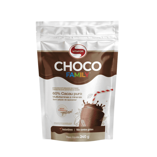 Choco Family de Vitafor, un paquete de 240 g de complemento alimenticio en polvo con sabor a chocolate, apto para toda la familia.