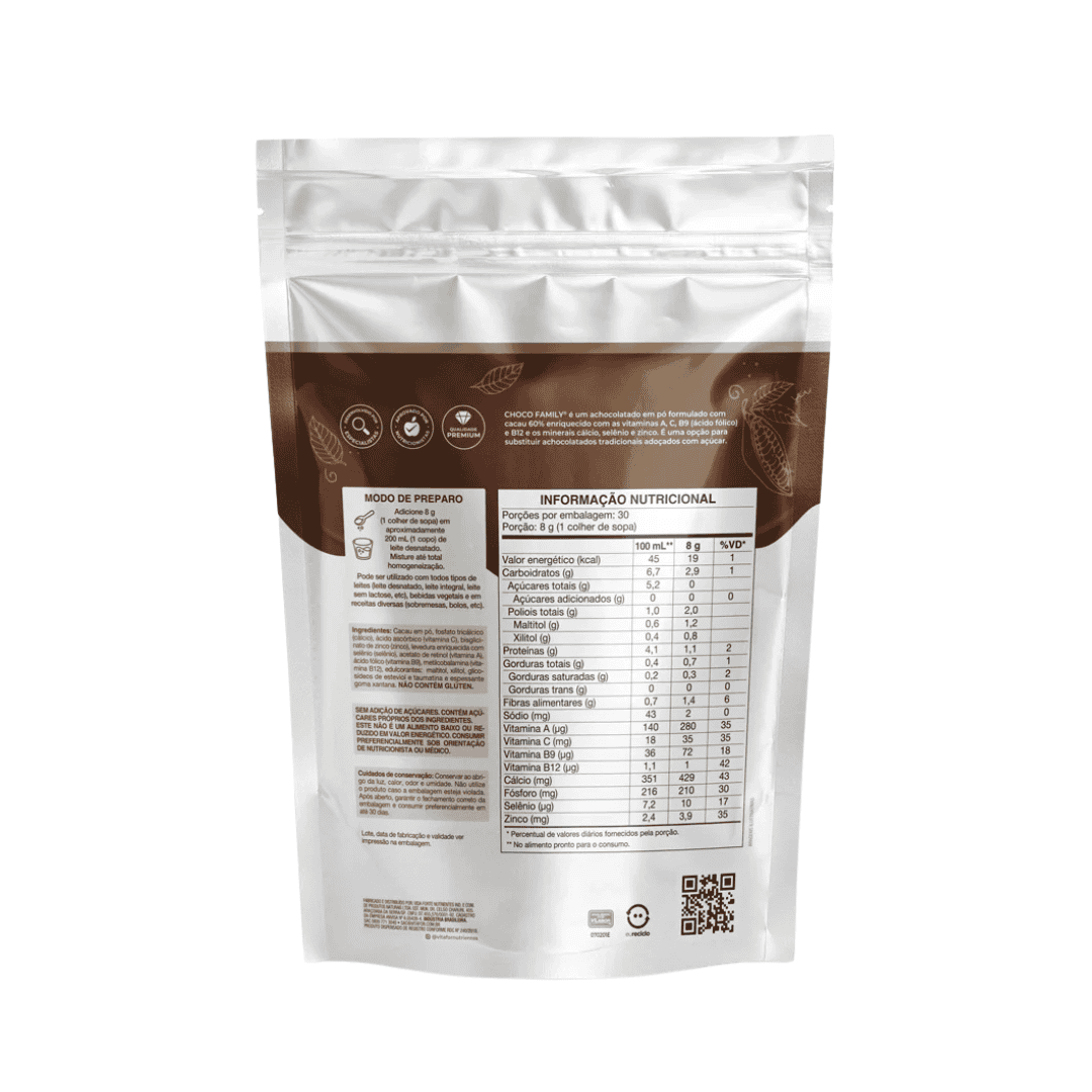 Embalagem de Choco Family 240gr da marca Vitafor, suplemento alimentar em pó sabor chocolate, indicado para toda a família.
