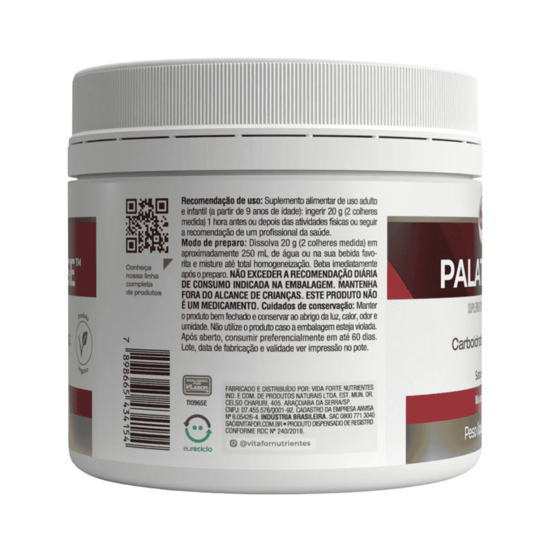 Pote de Palatinose Vitafor 300g em pó, suplemento energético de liberação lenta ideal para atletas e praticantes de atividades físicas.