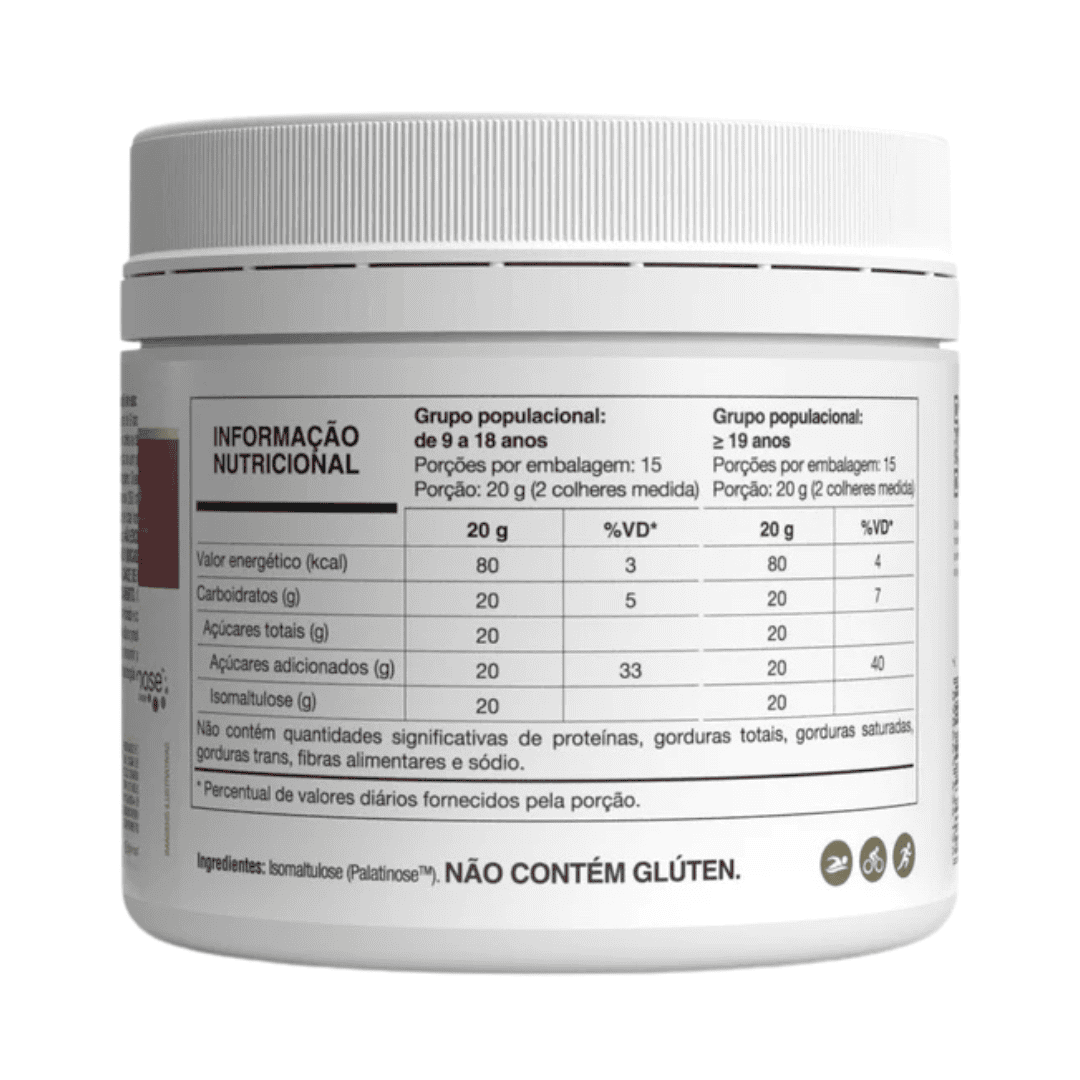 Pote de Palatinose Vitafor 300g em pó, suplemento energético de liberação lenta ideal para atletas e praticantes de atividades físicas.