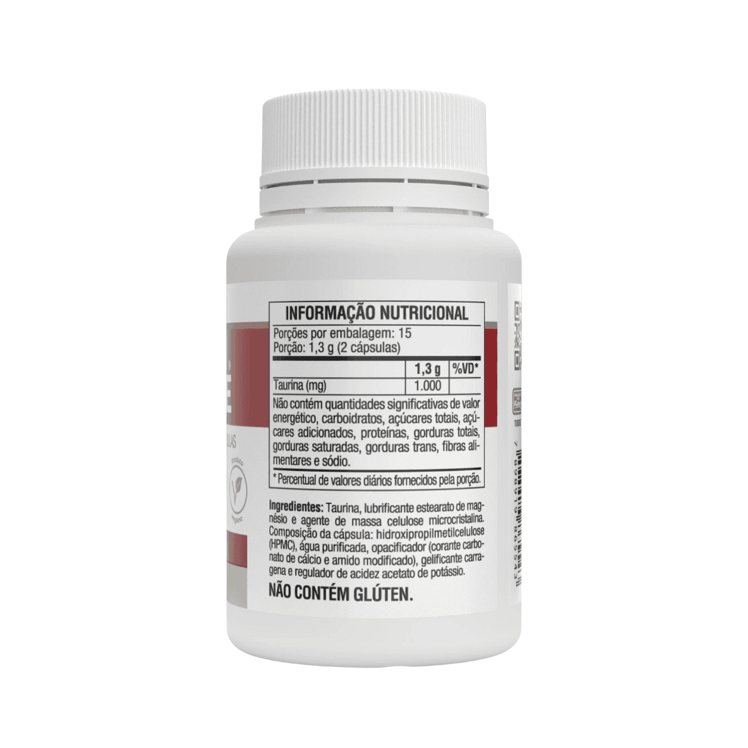 Frasco de suplemento Taurine da Vitafor com 30 cápsulas, indicado para suporte à função muscular e desempenho físico.