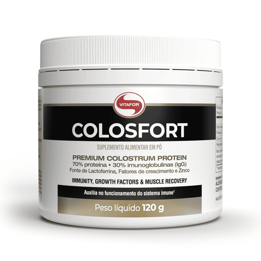 Suplemento Colosfort Vitafor em pote de 120g, pó branco em embalagem com tampa roxa, indicado para fortalecimento imunológico.