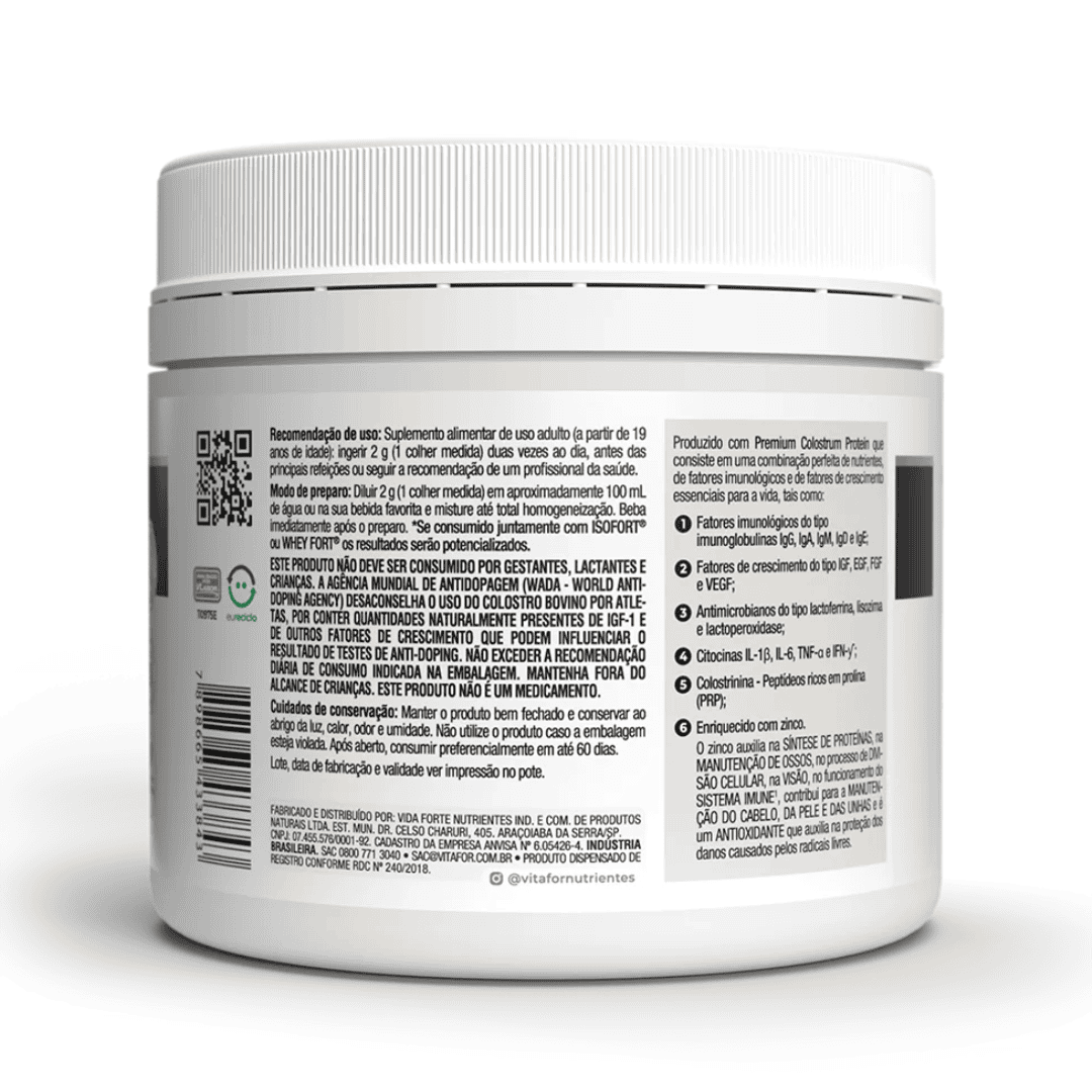 Suplemento Colosfort Vitafor em pote de 120g, pó branco em embalagem com tampa roxa, indicado para fortalecimento imunológico.