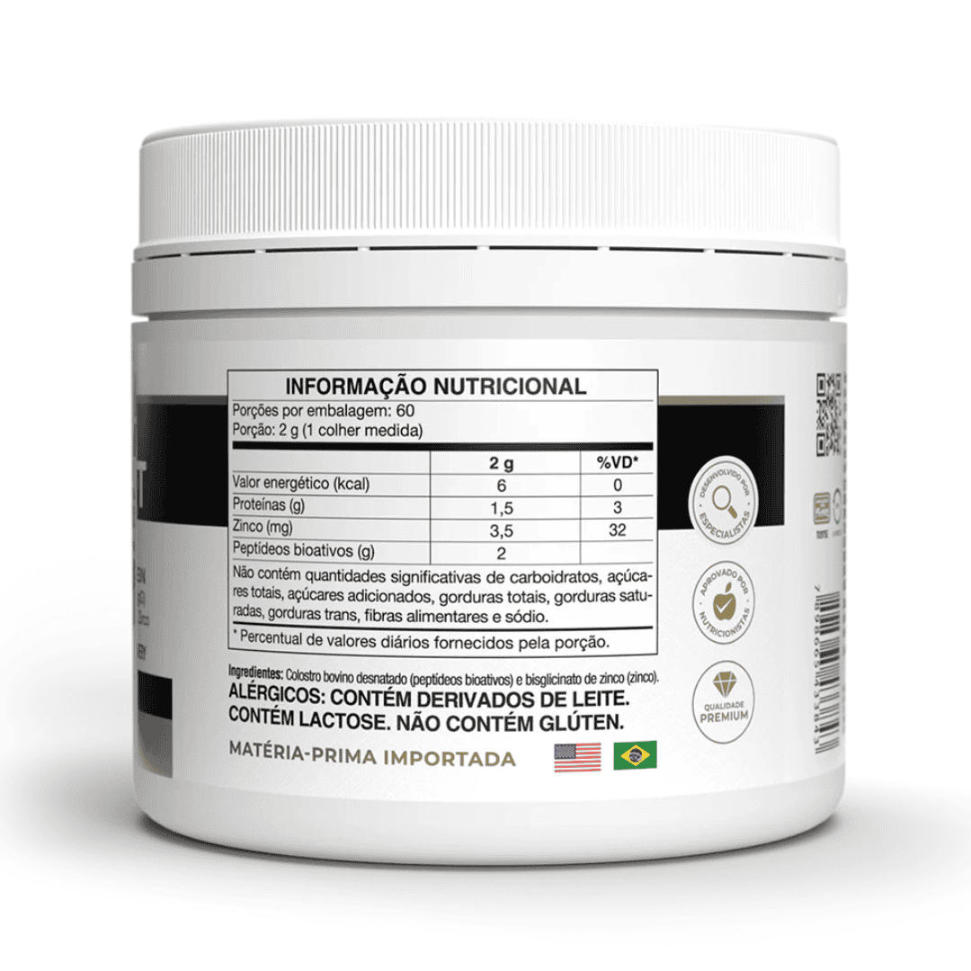 Suplemento Colosfort Vitafor em pote de 120g, pó branco em embalagem com tampa roxa, indicado para fortalecimento imunológico.