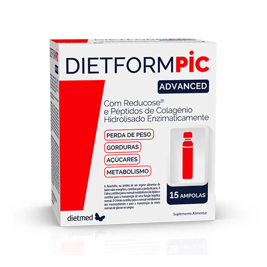 O Dietform PIC Advanced da Dietmed é um suplemento alimentar líquido formulado com Reducose®, péptidos de colagénio hidrolisado enzimaticamente, extrato de alcachofra, colina, trans-resveratrol, ácido hialurónico e crómio.