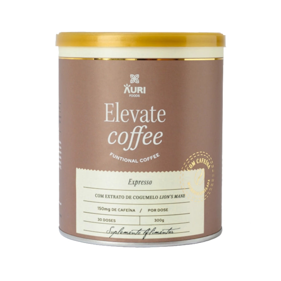 Elevate Coffee Expresso é um suplemento funcional em pó com cafeína, taurina, colina, N-acetil-carnitina, extrato de cogumelo Lion’s Mane, TCM 