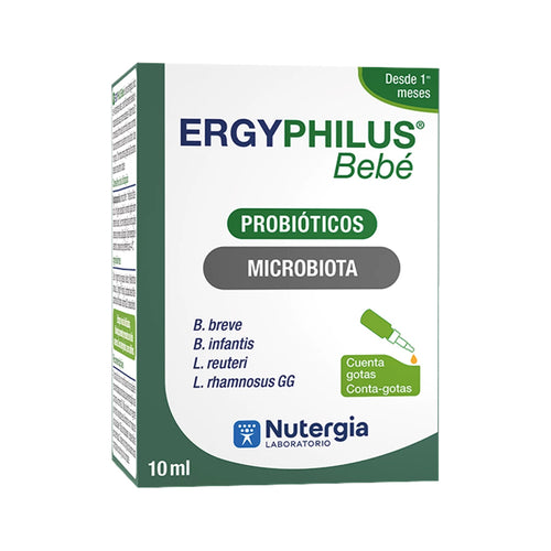 ERGYPHILUS Baby es un complemento alimenticio compuesto por una sinergia única de 4 cepas de lactobacilos y bifidobacterias.