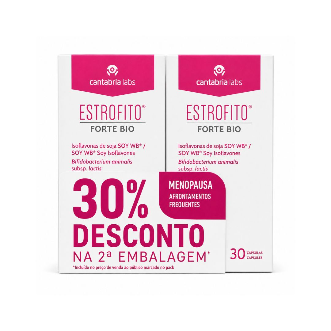 Estrofito Forte Bio Pack 2 x 30 Cápsulas Cantabria Labs con isoflavonas de soja y Bifidobacterium animalis S-EF para mujeres menopáusicas.