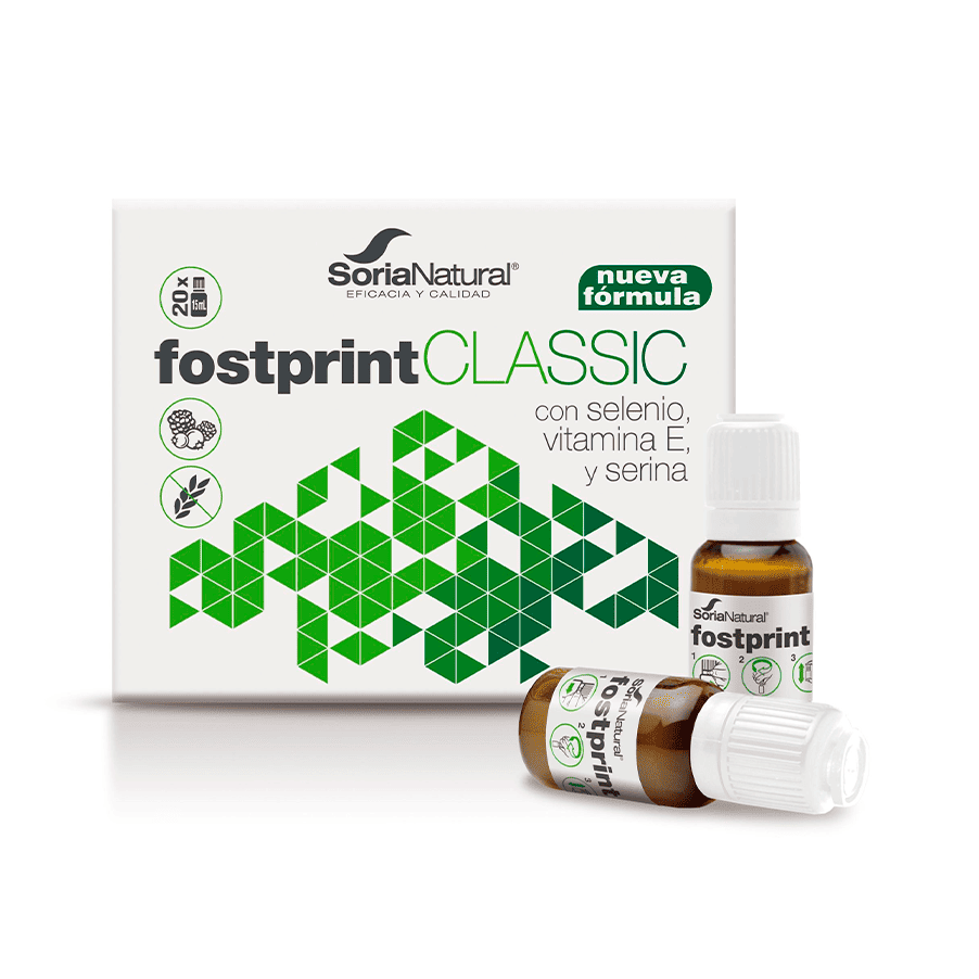 Embalagem do Fostprint Classic com 20 ampolas de 15ml da Soria Natural, suplemento energético para vitalidade e desempenho diário