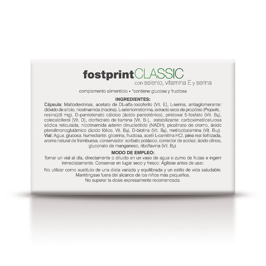 Embalagem do Fostprint Classic com 20 ampolas de 15ml da Soria Natural, suplemento energético para vitalidade e desempenho diário