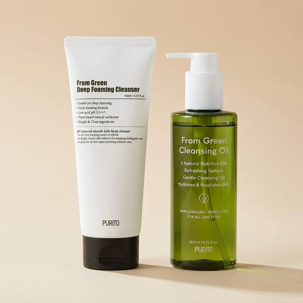 From Green Double Cleansing Set Purito com óleo de limpeza 200ml e espuma de limpeza facial 150ml.