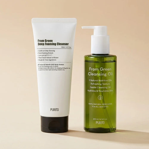 From Green Double Cleansing Set Purito com óleo de limpeza 200ml e espuma de limpeza facial 150ml.