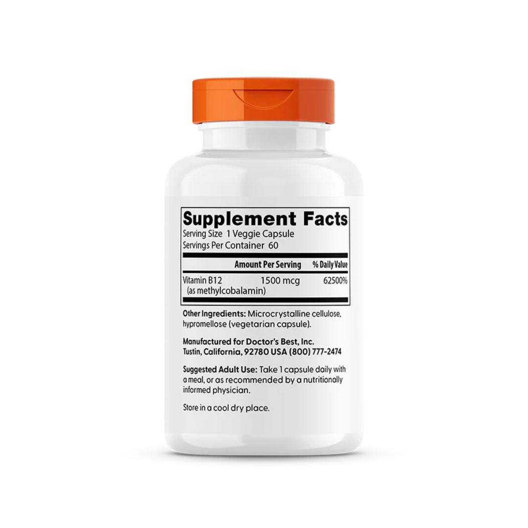 Suplemento Fully Active B12 1500mcg Doctor's Best em frasco com 60 cápsulas, fórmula de vitamina B12 ativa.