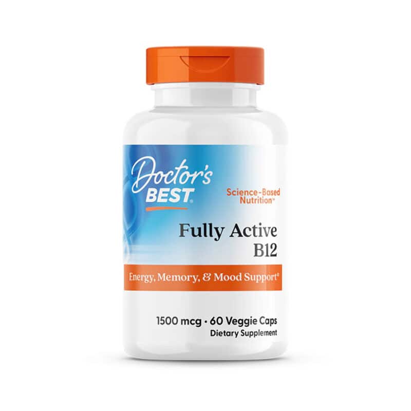 Suplemento Fully Active B12 1500mcg Doctor's Best em frasco com 60 cápsulas, fórmula de vitamina B12 ativa.