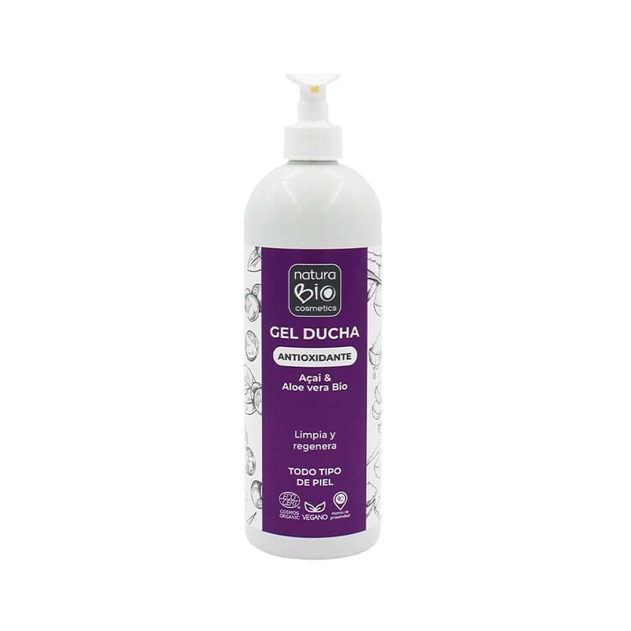 Gel de ducha antioxidante Natura Bio con açaí y aloe vera en botella de 740 ml, formulado para limpiar y proteger la piel con ingredientes orgánicos.