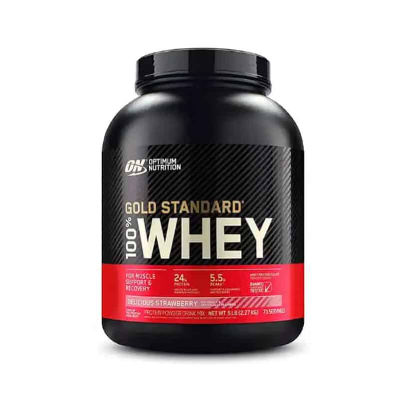 O Gold Standard 100% Whey Sabor Morango da Optimum Nutrition é um suplemento proteico de alta qualidade
