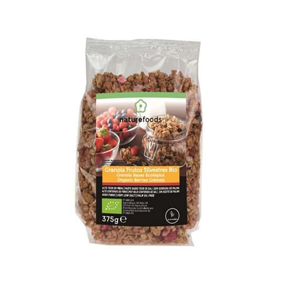 Granola orgánica de frutos del bosque de Naturefoods, en un paquete de 375 g, una mezcla crujiente de avena integral con frutos del bosque y semillas deshidratadas.