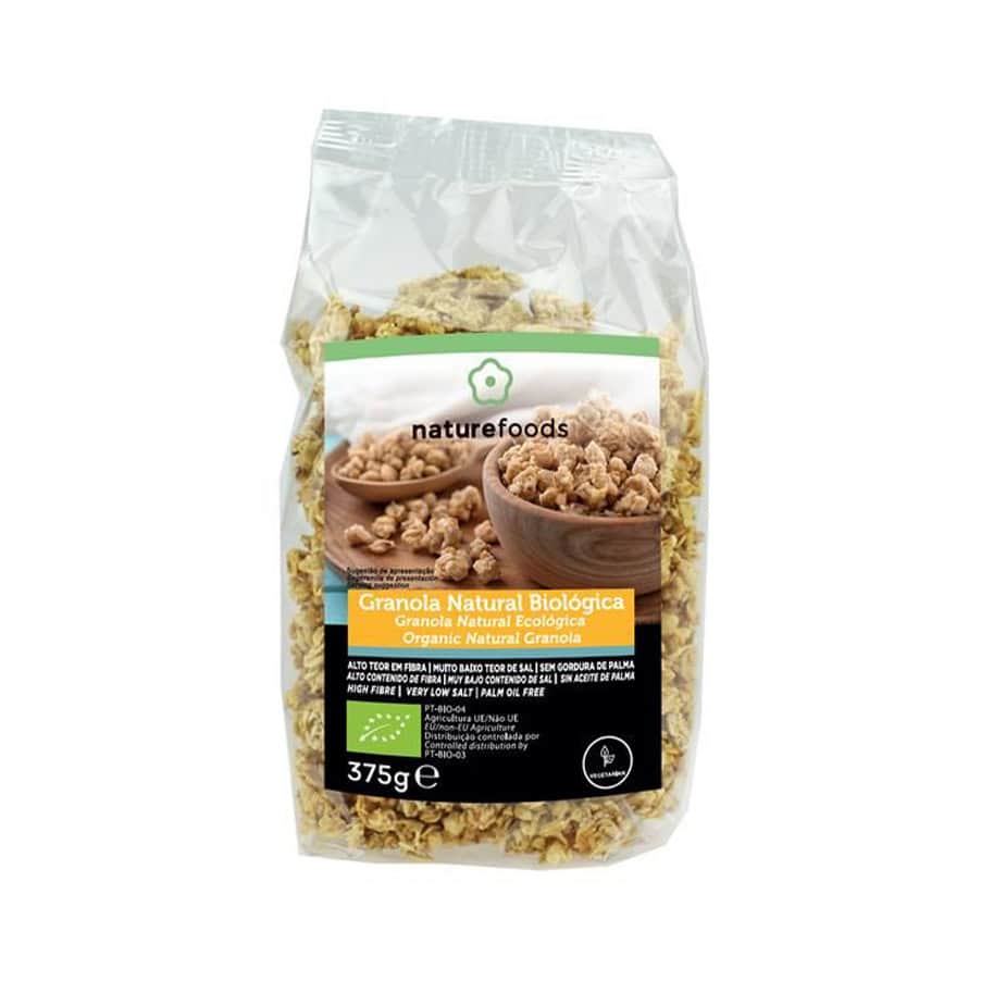 Granola orgánica natural de la marca Naturefoods, en un paquete de 375 g, una mezcla crujiente de copos de avena integral con fruta deshidratada y semillas, sin azúcares añadidos.