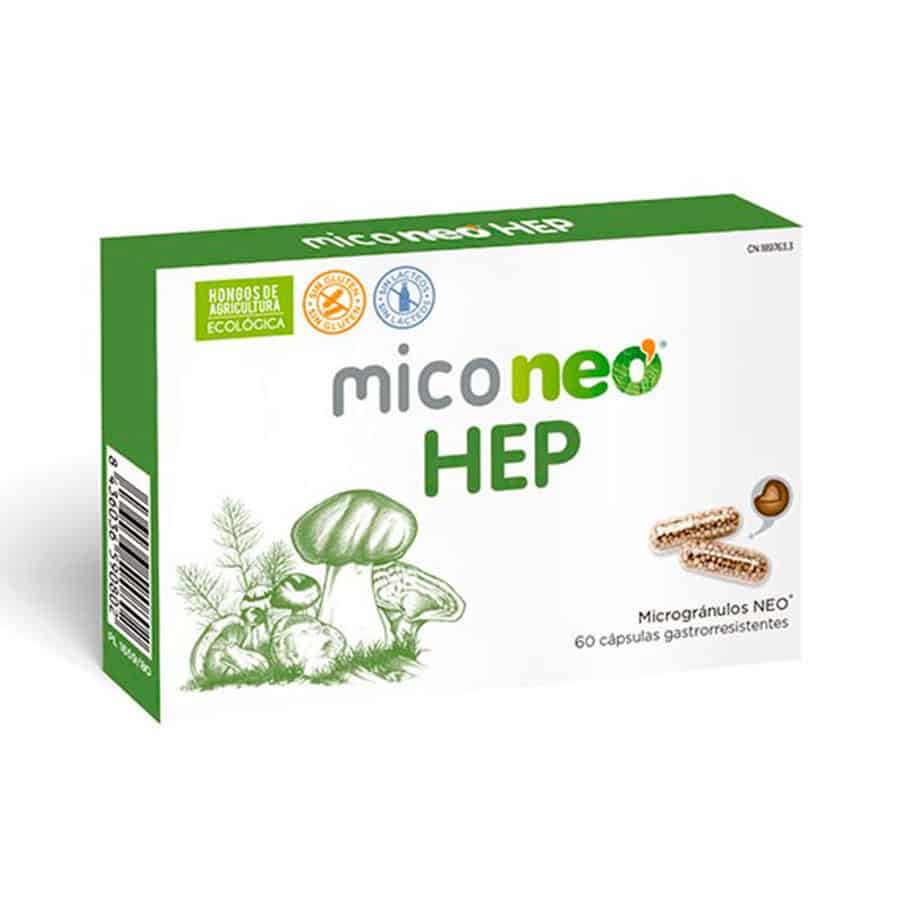 El frasco de Mico Neo HEP de NeoVital Health contiene 60 cápsulas; es un suplemento con hongos medicinales para el apoyo del hígado.
