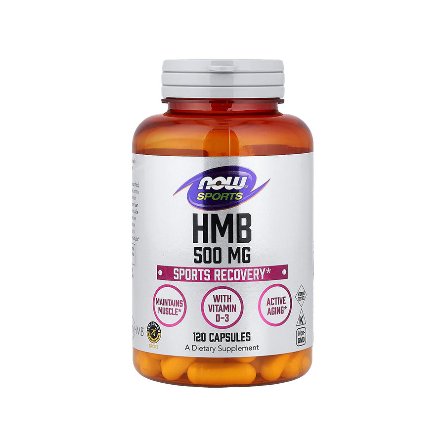 HMB 500mg 120 Cápsulas NOW Foods, suplemento com beta-hidroxi beta-metilbutirato para apoio à rotina de treino e recuperação muscular.